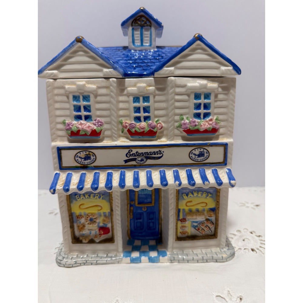 Vintage Entenmanns Bakery Shop Ceramic Cookie Jar House Blue White Storefront